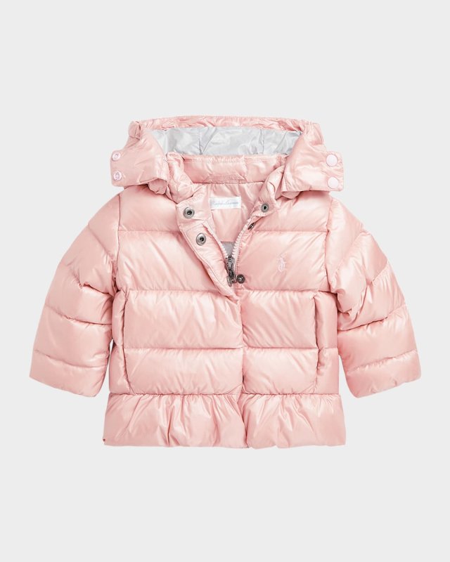 Girl's Metallic Embroidered Pony Puffer Coat, Size 9M-